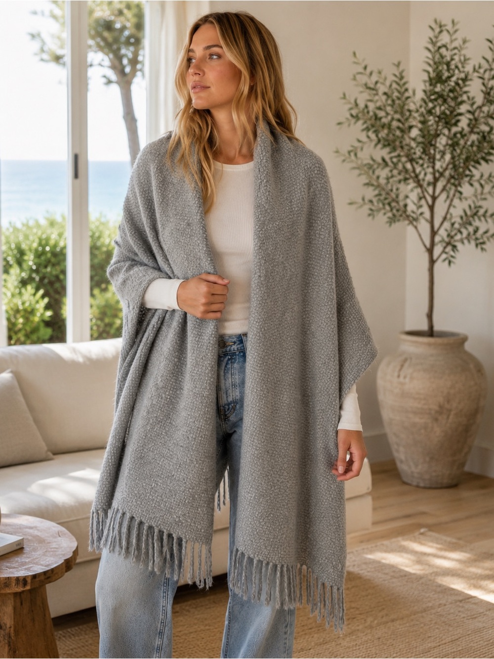 Jenni Kayne Baby Alpaca Oversized Blanket Scarf Wrap Gray Fringe